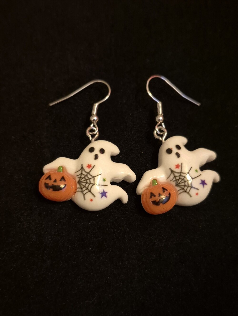 Handcrafted Halloween Ghost and Pumpkin Drop Earrings - White and Orange